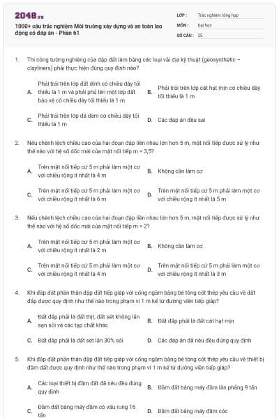 1000+ câu trắc nghiệm Môi trường xây dựng và an toàn lao động có đáp án - Phần 61