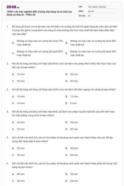 1000+ câu trắc nghiệm Môi trường xây dựng và an toàn lao động có đáp án - Phần 66
