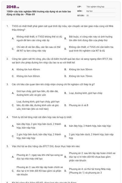 1000+ câu trắc nghiệm Môi trường xây dựng và an toàn lao động có đáp án - Phần 69