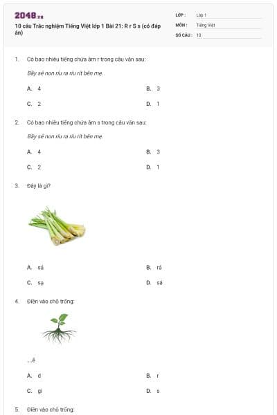 10 câu Trắc nghiệm Tiếng Việt lớp 1 Bài 21: R r S s (có đáp án)
