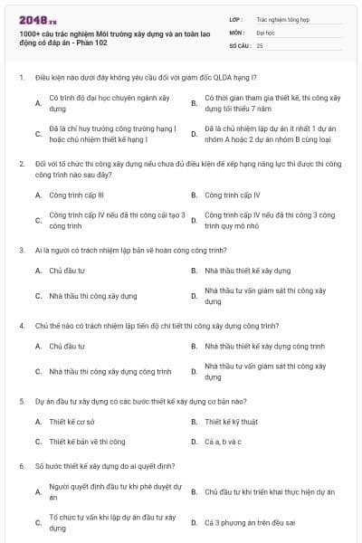 1000+ câu trắc nghiệm Môi trường xây dựng và an toàn lao động có đáp án - Phần 102