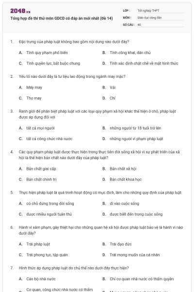Tổng hợp đề thi thử môn GDCD có đáp án mới nhất (Đề 14)