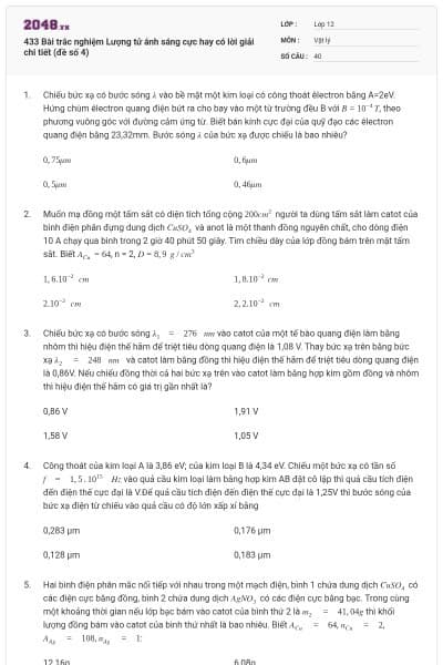 433 Bài trắc nghiệm Lượng tử ánh sáng cực hay có lời giải chi tiết (đề số 4)