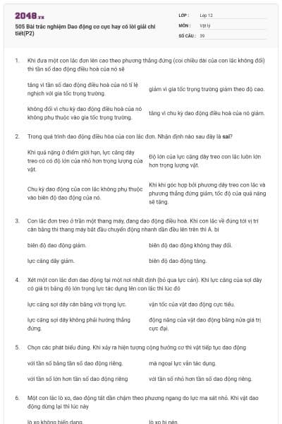 505 Bài trắc nghiệm Dao động cơ cực hay có lời giải chi tiết(P2)