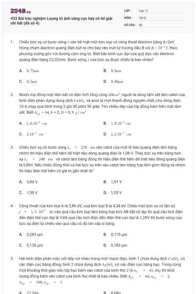 433 Bài trắc nghiệm Lượng tử ánh sáng cực hay có lời giải chi tiết (đề số 4)