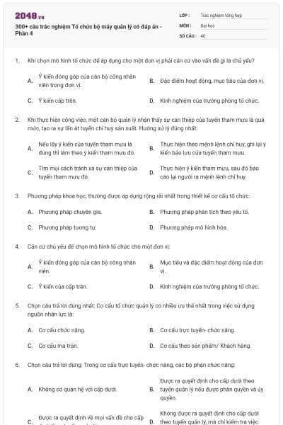 300+ câu trắc nghiệm Tổ chức bộ máy quản lý có đáp án - Phần 4
