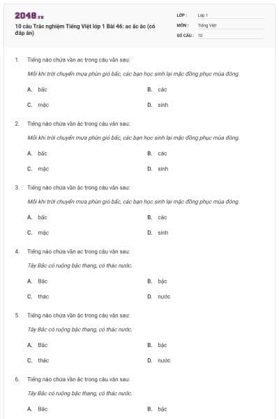 10 câu Trắc nghiệm Tiếng Việt lớp 1 Bài 46: ac ăc âc (có đáp án)