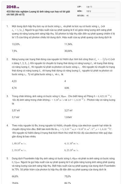 433 Bài trắc nghiệm Lượng tử ánh sáng cực hay có lời giải chi tiết (đề số 5)