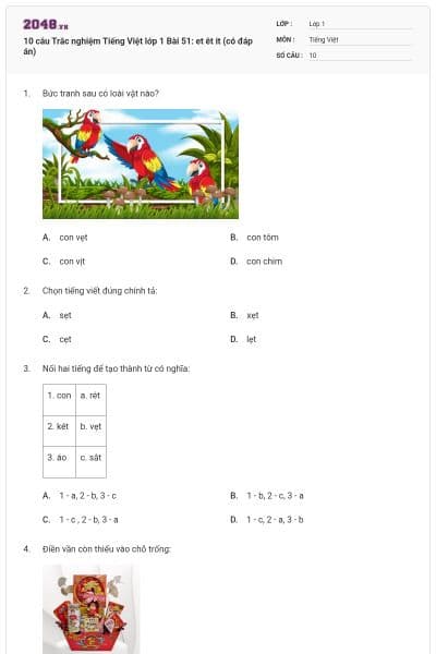 10 câu Trắc nghiệm Tiếng Việt lớp 1 Bài 51: et êt it (có đáp án)