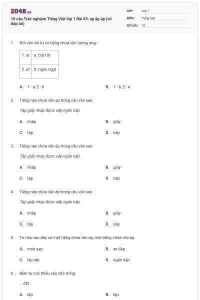 10 câu Trắc nghiệm Tiếng Việt lớp 1 Bài 53: ap ăp âp (có đáp án)