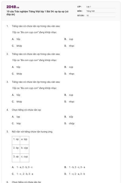 10 câu Trắc nghiệm Tiếng Việt lớp 1 Bài 54: op ôp ơp (có đáp án)