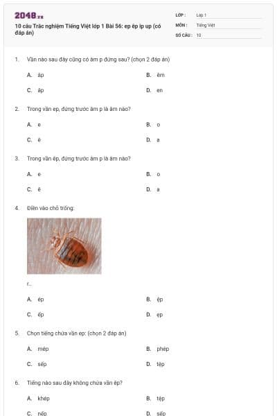10 câu Trắc nghiệm Tiếng Việt lớp 1 Bài 56: ep êp ip up (có đáp án)