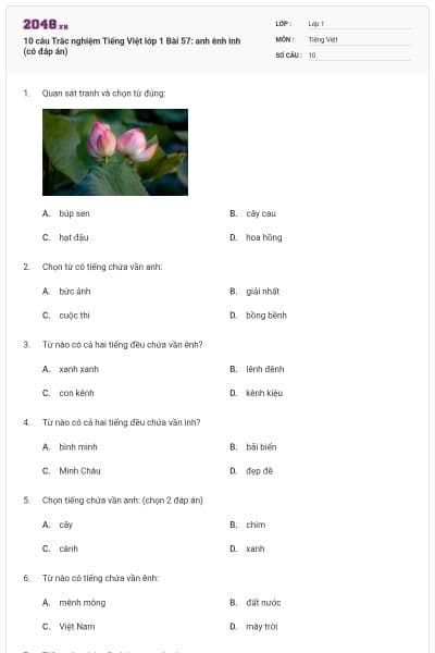 10 câu Trắc nghiệm Tiếng Việt lớp 1 Bài 57: anh ênh inh (có đáp án)