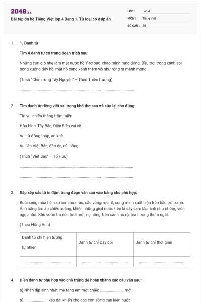 Bài tập ôn hè Tiếng Việt lớp 4 Dạng 1. Từ loại có đáp án