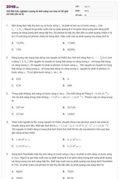 433 Bài trắc nghiệm Lượng tử ánh sáng cực hay có lời giải chi tiết (đề số 5)