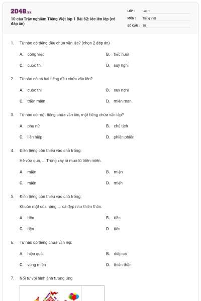 10 câu Trắc nghiệm Tiếng Việt lớp 1 Bài 62: iêc iên iêp (có đáp án)