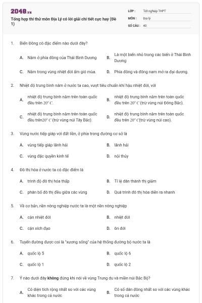 Tổng hợp thi thử môn Địa Lý có lời giải chi tiết cực hay (Đề 1)