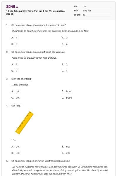 10 câu Trắc nghiệm Tiếng Việt lớp 1 Bài 71: ươc ươt (có đáp án)