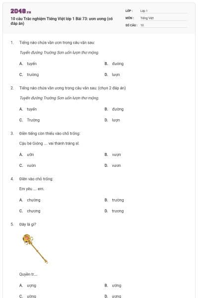 10 câu Trắc nghiệm Tiếng Việt lớp 1 Bài 73: ươn ương (có đáp án)