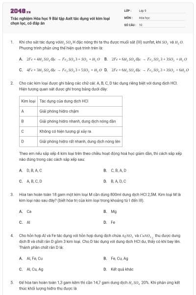 Trắc nghiệm Hóa học 9 Bài tập Axit tác dụng với kim loại chọn lọc, có đáp án