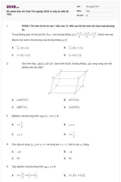 Đề chính thức thi Toán Tốt nghiệp 2025 có đáp án (Mã đề 103)
