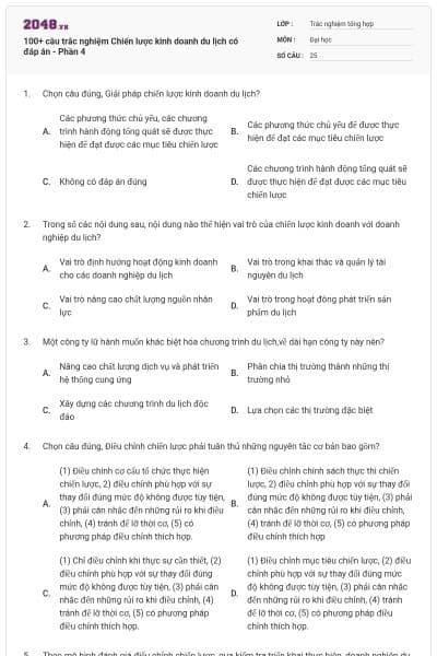 100+ câu trắc nghiệm Chiến lược kinh doanh du lịch có đáp án - Phần 4