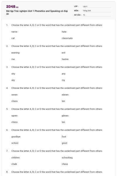 Bài tập Trắc nghiệm Unit 1 Phonetics and Speaking có đáp án