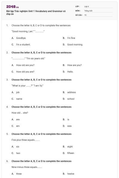Bài tập Trắc nghiệm Unit 1 Vocabulary and Grammar có đáp án