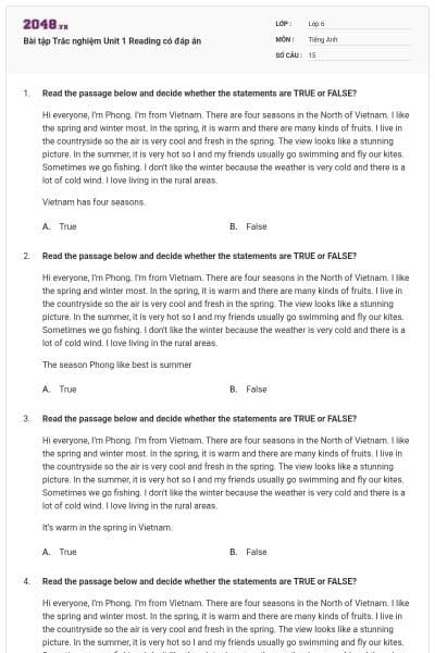 Bài tập Trắc nghiệm Unit 1 Reading có đáp án