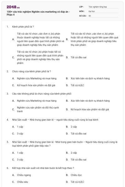100+ câu trắc nghiệm Nghiên cứu marketing có đáp án - Phần 4