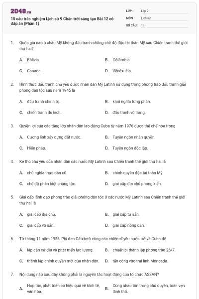 15 câu trắc nghiệm Lịch sử 9 Chân trời sáng tạo Bài 12 có đáp án (Phần 1)