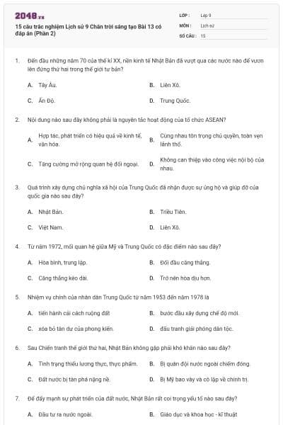 15 câu trắc nghiệm Lịch sử 9 Chân trời sáng tạo Bài 13 có đáp án (Phần 2)