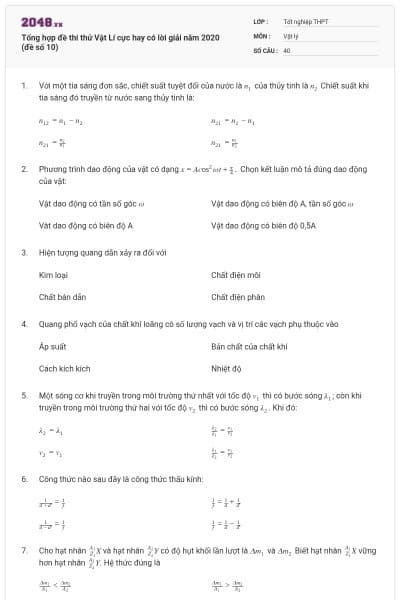 Tổng hợp đề thi thử Vật Lí cực hay có lời giải năm 2020 (đề số 10)