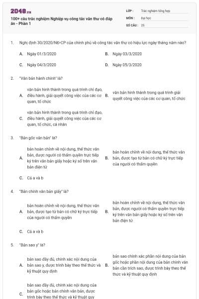 100+ câu trắc nghiệm Nghiệp vụ công tác văn thư có đáp án - Phần 1