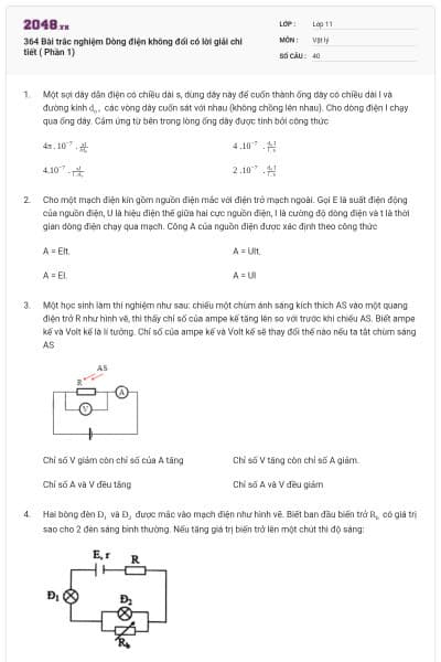 364 Bài trắc nghiệm Dòng điện không đổi có lời giải chi tiết ( Phần 1)