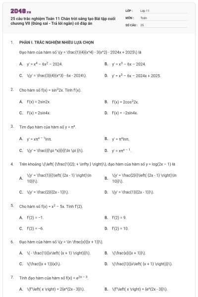 25 câu trắc nghiệm Toán 11 Chân trời sáng tạo Bài tập cuối chương VII (Đúng sai - Trả lời ngắn) có đáp án
