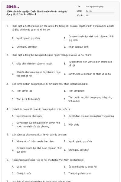 200+ câu trắc nghiệm Quản lý nhà nước về văn hoá giáo dục y tế có đáp án - Phần 4