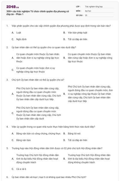300+ câu trắc nghiệm Tổ chức chính quyền địa phương có đáp án - Phần 1