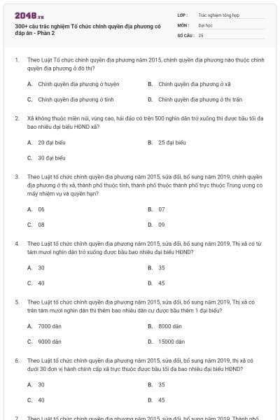 300+ câu trắc nghiệm Tổ chức chính quyền địa phương có đáp án - Phần 2