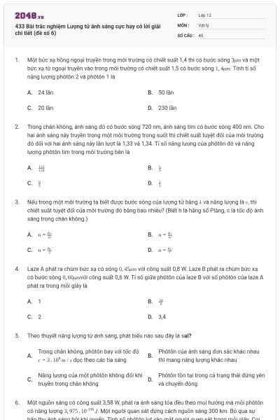 433 Bài trắc nghiệm Lượng tử ánh sáng cực hay có lời giải chi tiết (đề số 6)