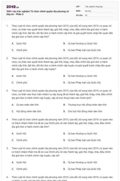 300+ câu trắc nghiệm Tổ chức chính quyền địa phương có đáp án - Phần 6