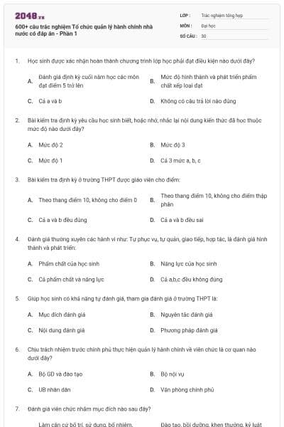 600+ câu trắc nghiệm Tổ chức quản lý hành chính nhà nước có đáp án - Phần 1