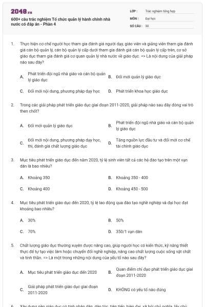 600+ câu trắc nghiệm Tổ chức quản lý hành chính nhà nước có đáp án - Phần 4