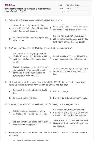 600+ câu trắc nghiệm Tổ chức quản lý hành chính nhà nước có đáp án - Phần 7