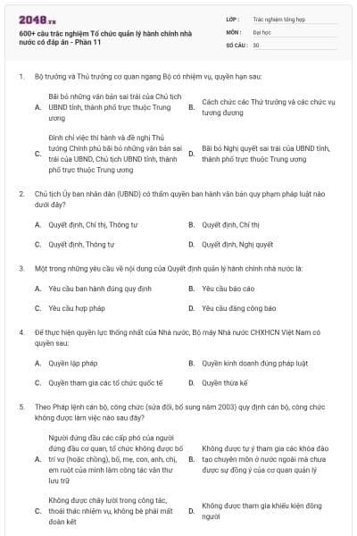 600+ câu trắc nghiệm Tổ chức quản lý hành chính nhà nước có đáp án - Phần 11