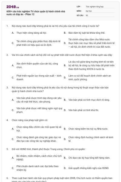 600+ câu trắc nghiệm Tổ chức quản lý hành chính nhà nước có đáp án - Phần 12