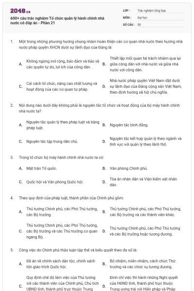 600+ câu trắc nghiệm Tổ chức quản lý hành chính nhà nước có đáp án - Phần 21