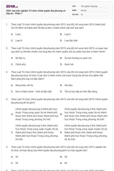 300+ câu trắc nghiệm Tổ chức chính quyền địa phương có đáp án - Phần 7