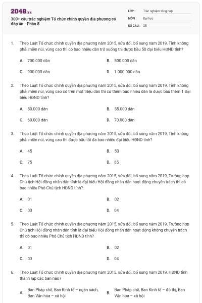 300+ câu trắc nghiệm Tổ chức chính quyền địa phương có đáp án - Phần 8