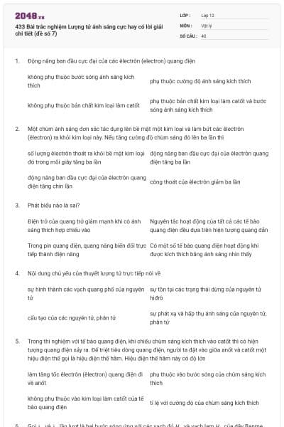 433 Bài trắc nghiệm Lượng tử ánh sáng cực hay có lời giải chi tiết (đề số 7)